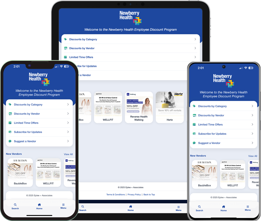 Newberry Health Employee Discount Program Mobile App Screenshots